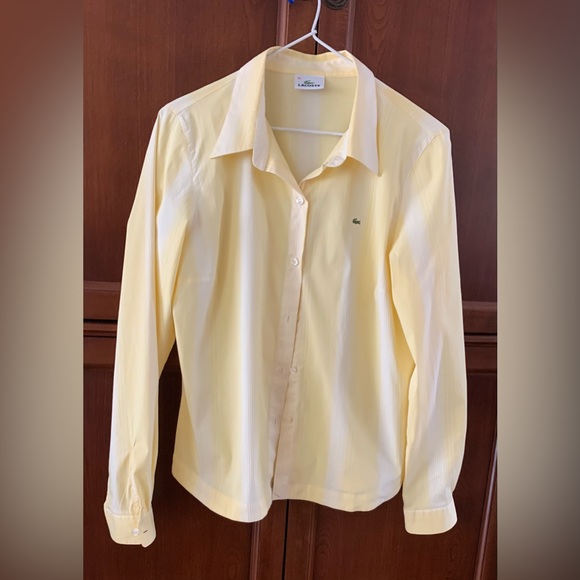 Lacoste yellow cotton woman dress shirt thin white stripes crocodile logo US 10 - Picture 12 of 15